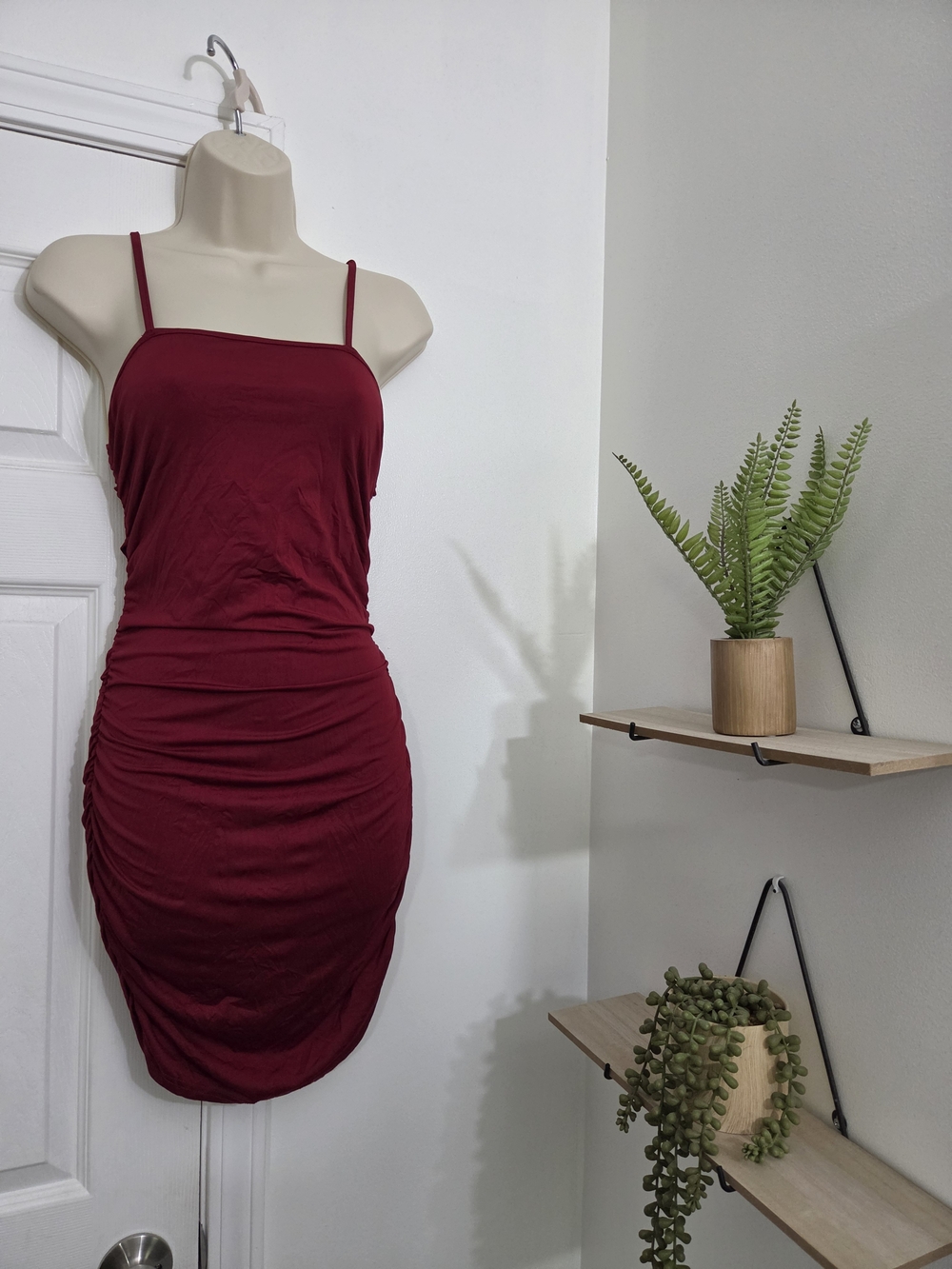 SHEIN Burgundy Ruched Spaghetti Strap Mini Dress